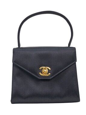 Chanel Vintage Kelly 90's Black Satin Gold Mini Evening Bag